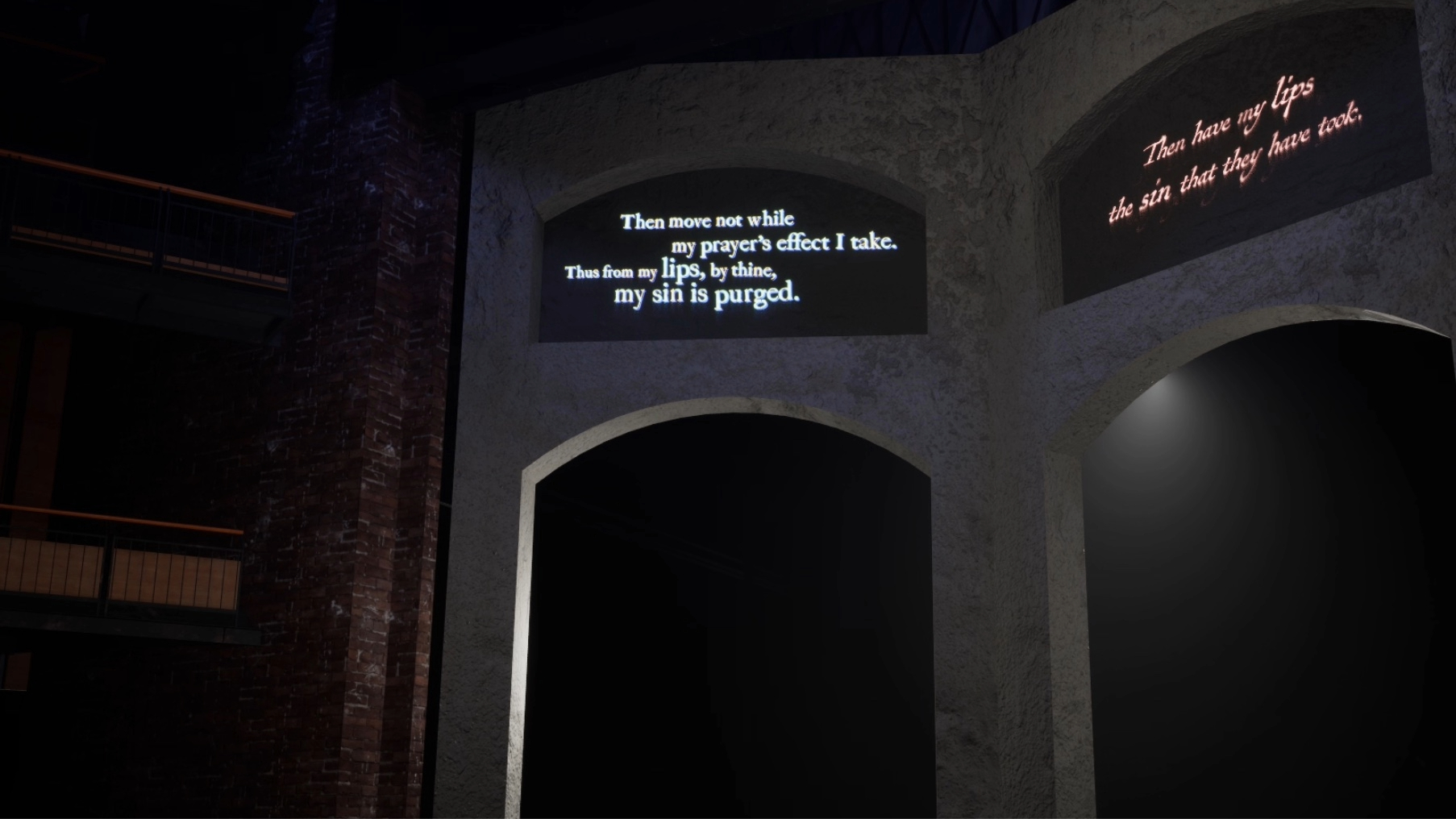 A photo of acomputer mock up of a set on the royal shakespeare theatre, with projected text as captions embedded within the set.