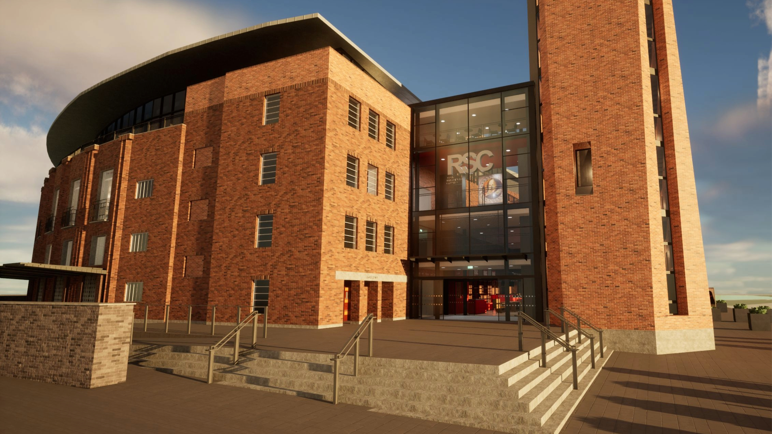 A photo of a CGI image of the Royal Shakespeare Theatre frontage, Stratford Upon Avon